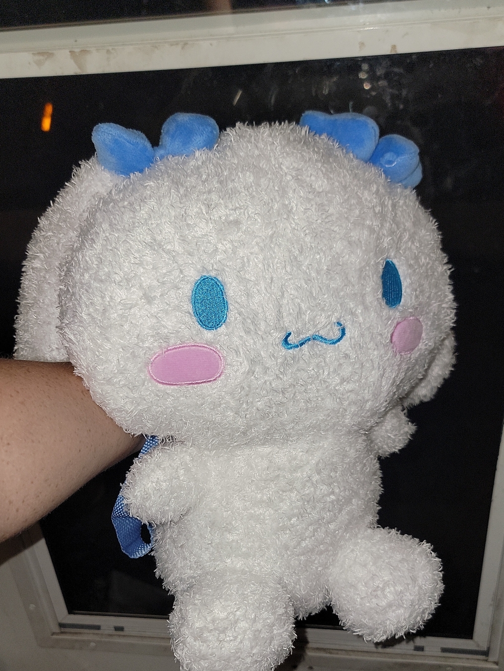 White Cinnamon Roll  Character Backpack with Blue Accents